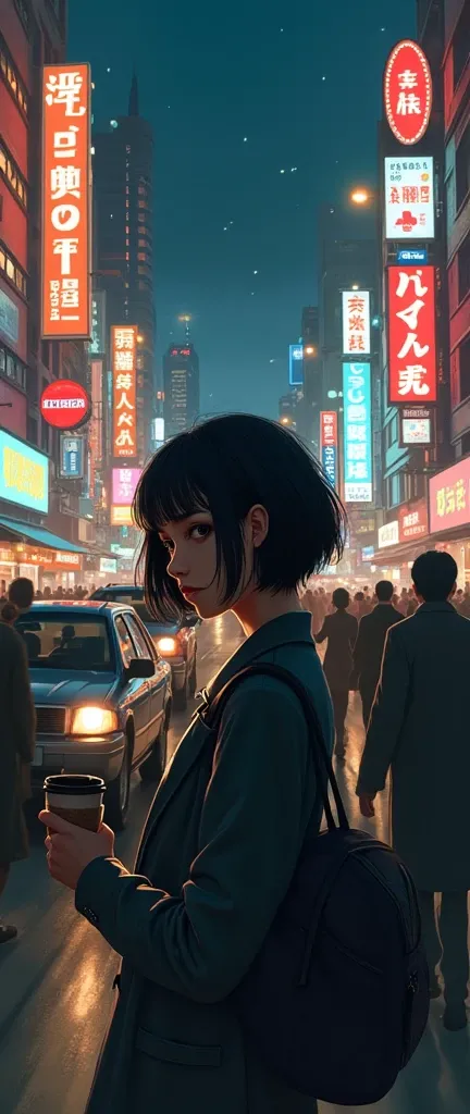 "A crowded, bustling city street at night, filled with bright neon lights, honking cars, and people rushing in all directions. In the foreground, a young woman with short black hair and a tired expression stands still, holding a coffee cup, her face reflec...