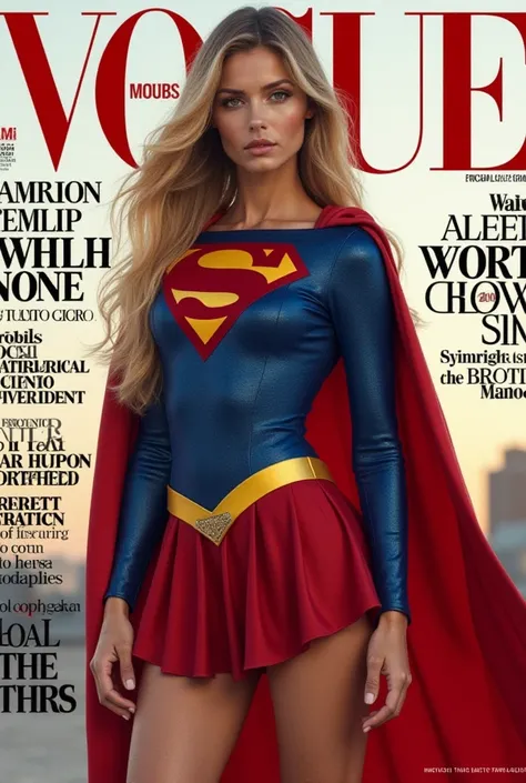 Create the cover of a fashion magazine with Supergirl hyperrealistic Hyperrealism as the protagonist of the cover and with background texts as if it were a real magazine.  outfit.  hyperrealism. Live action magazine. magazine cover