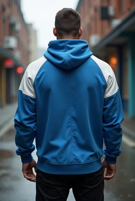 Make a sweatshirt with your back or back to me, in two shades of white and blue for a muscular man without any inscriptions in the style of street hooligans 