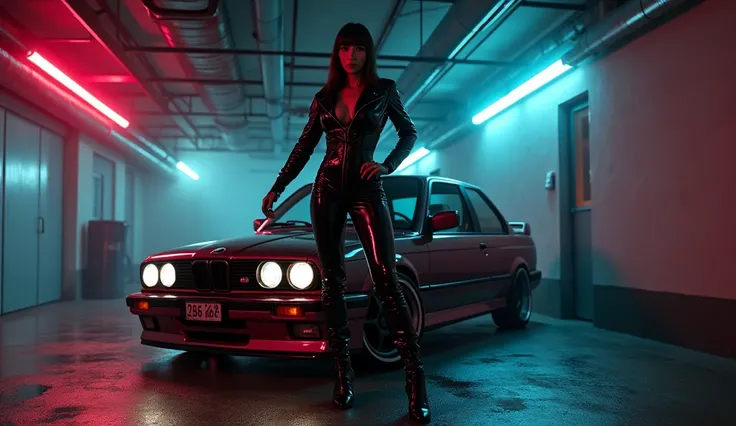 realistic photo , fetish woman standing , wearing shinny pvc jumpsuit , shinny pvc biker jacket , wearing shinny pvc thigh high boots , shinny pvc long gloves , in garage with bmw m3 e30 , inlighted by neons
