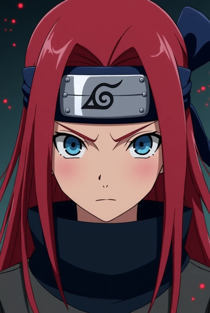 Dibuja a una joven ninja de Konoha  in Naruto Shippuden's animation style,  with long straight red hair ,  big blue eyes , dark and simple ninja clothing ,  and a challenging look. Place this beautiful Kunoichi on a night background with red sparkles, with...