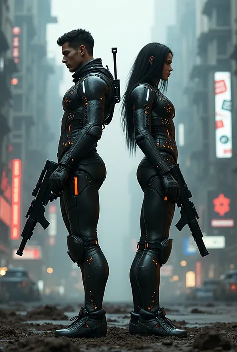  Create a realistic avatar with the name BIØMMETIX and have a futuristic world..a guy and a girl are standing backwards to us with weapons amid the cyberpunk war 

