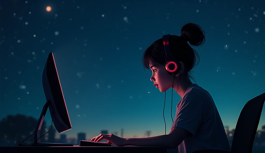 Girl working on PC while listening to jazz with headphones against the night sky。