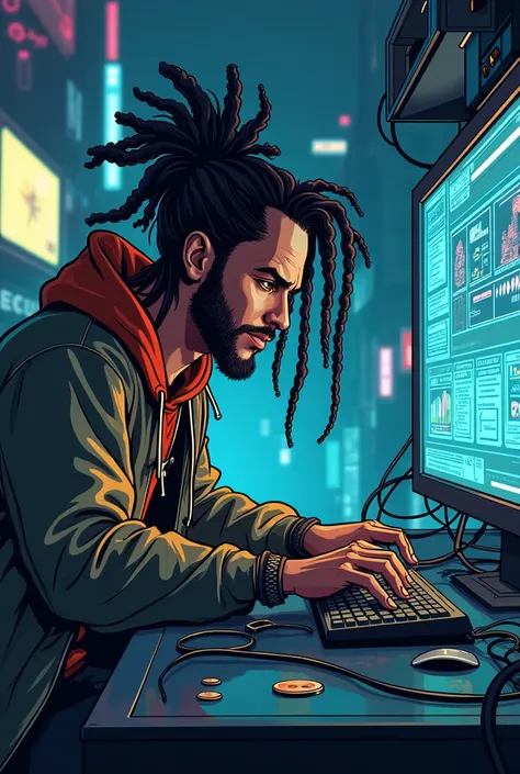 A male cartoon hacker with dreadlocks operating his computer 