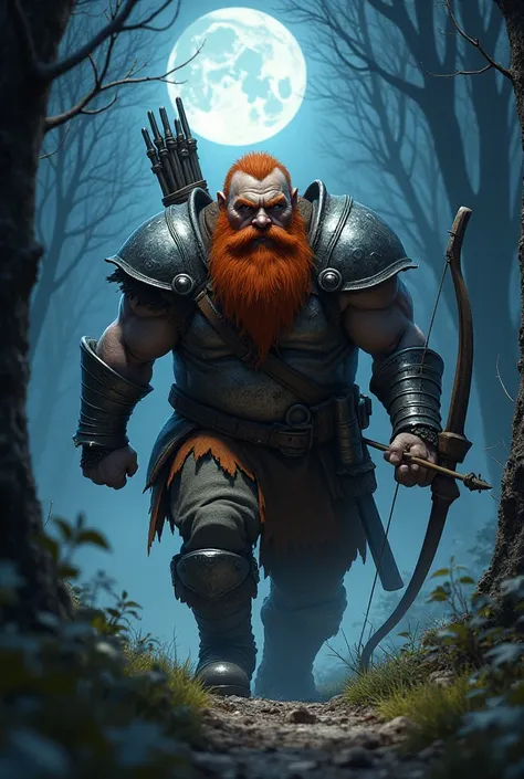 Red-bearded dwarf , With silver armor and a bow hunting at night

