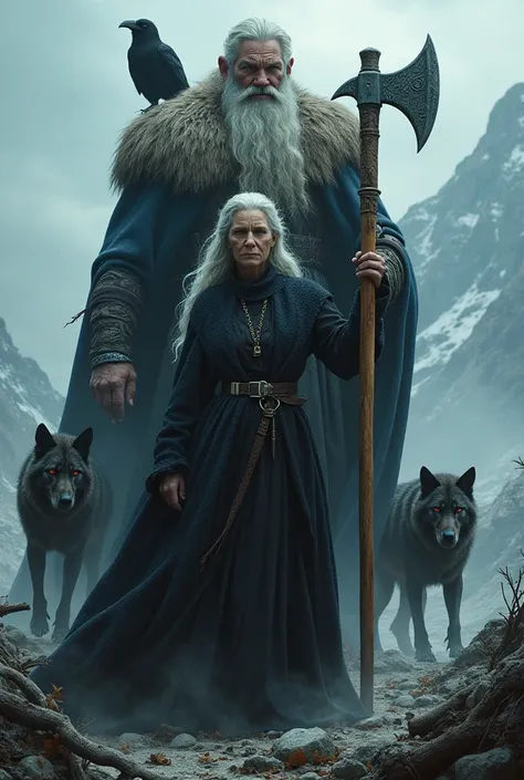 A witch with an ax and the god Odin behind her with wolves and crows