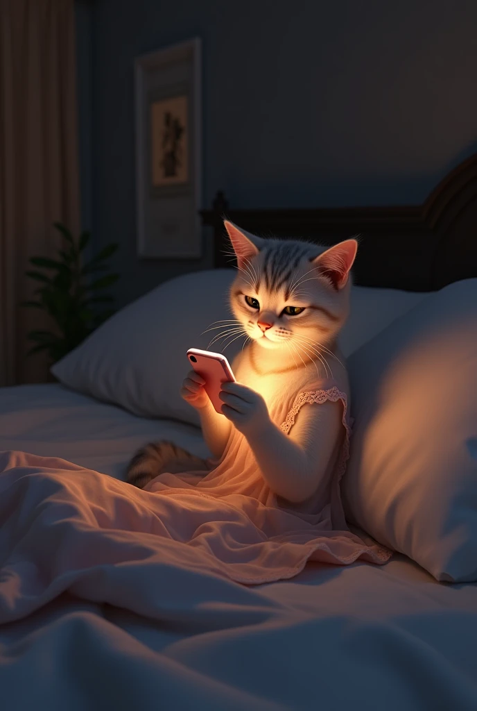 A cat waiting for her love in bed and holding her phone .. wearing a sexy nightdress