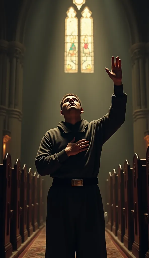  A person with one hand raised to heaven and the other to the heart, worshiping inside the church . dark scenery 