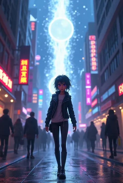 Zara, a young woman with short, messy black hair, striking violet eyes, and a sleek, futuristic cyberpunk outfit, now inside the Omniverse, walks through a stunningly realistic digital city where the streets are lined with people who don’t realize they’re ...