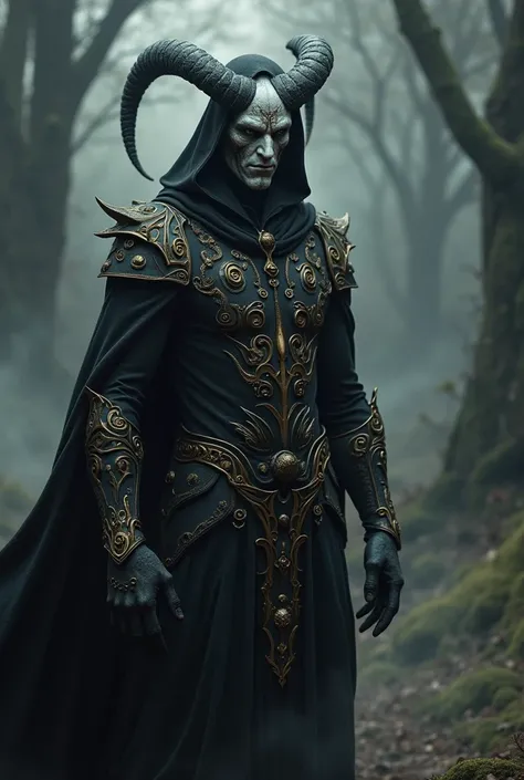 Gray-eyed wizard demon with burns on his face and a black runic suit with gold symbols