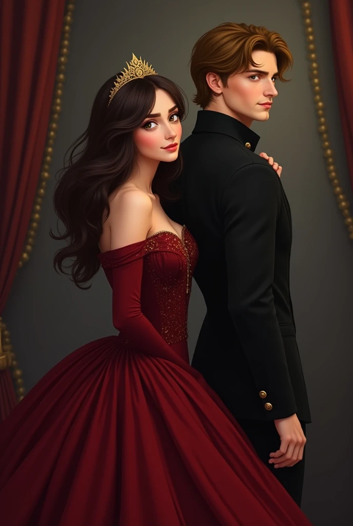 Make an image for the cover of a Book ,  I want in the image to be a princess with dark chocolate hair wearing a wine-red dress with her back turned a little to the left and on her side a prince also on his back,  but turned a little to the right with blac...