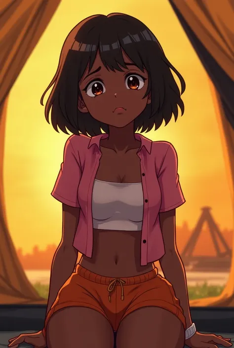 solo, From the front, cute, head tilted back, worried, goofy grin, on knees, large sized breasts, Dora, brown eyes, morning, inside a tent, outdoors, dark-skinned female, bob cut, (pink shirt), crop top, bare midriff, loose shirt, (orange loose shorts), br...