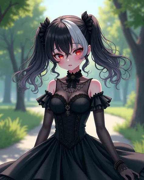  High resolution,  work of art, Details, HD model, 1 fille, Alone, Half black and half white hair, Hairstyles on the side ,  Floating hair ,  curly hair,  medium length hair,  small breasts, red eyes, embarrassed, shy, Animated,  manga, in a park, Gothic d...