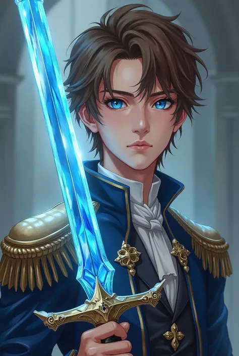 A young adult nobleman, holding a glass sword in his hand, Don't make it fanciful just have him hold a completely crystal sword that doesn't shine. The young nobleman has blue eyes and brown hair. Do it like an anime.