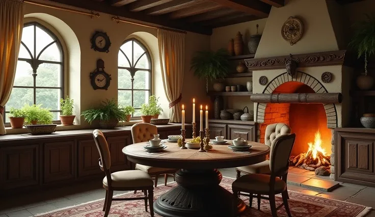 Create a hyperrealistic close-up, the best quality, highly detailed, photorealistic, HD, 8K, HDRI, a medieval kitchen in an elven home, a round table, upholstered chairs, cabinets with carvings, arched windows, cream-colored curtains, an open hearth with a...