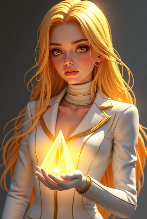 Lucía, a serious person with shiny gold hair, a white suit with gold details, white gloves with gold lines and high white boots, she holds a glass prism in her hand, her face with glowing amber eyes light up when she sees how the light breaks down into col...