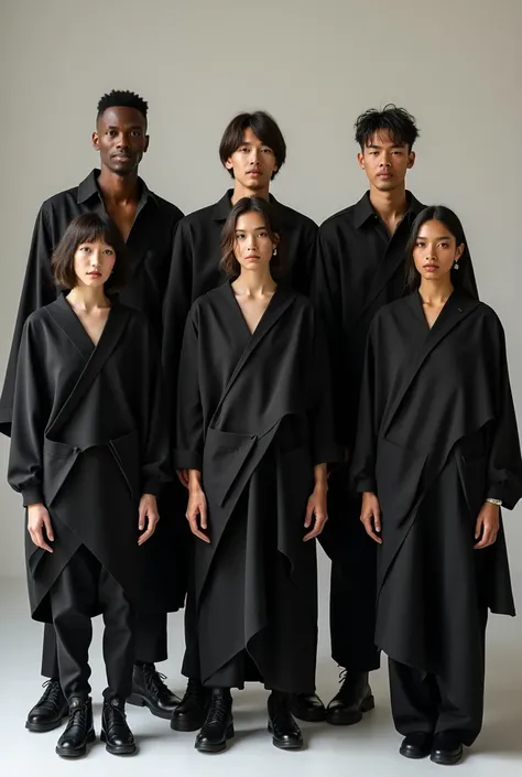 Asymmetrical Layers
	•	Men & Women group picture: Black or white asymmetrical tunics with structured layering and exaggerated cuts.