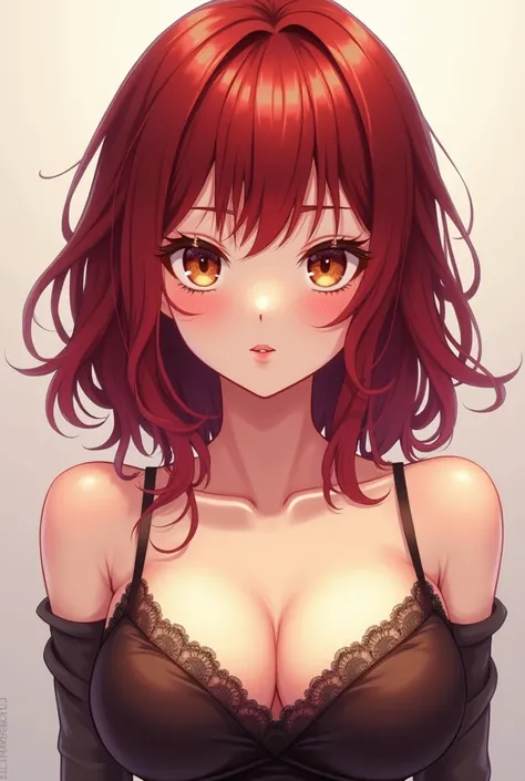 Create an image of a girl with deep red hair,  brown eyes, high,  curvaceous,  big breasts, Empathetic, linda, Sweet, Playful with the anime style 