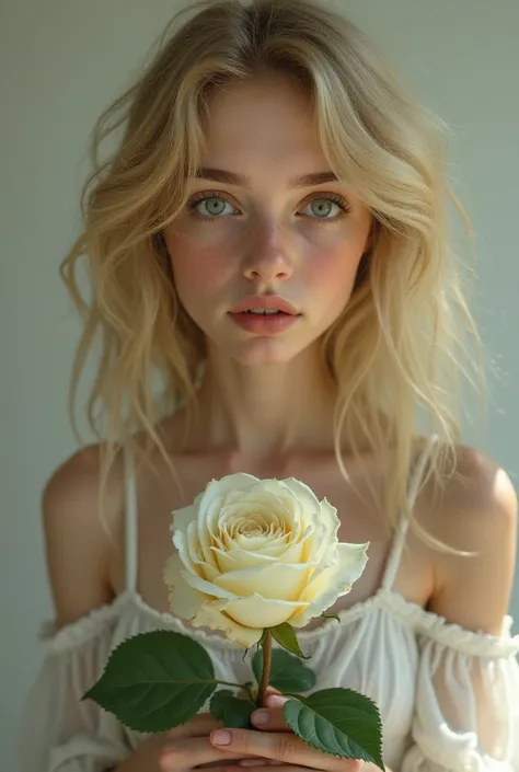 A girl with wavy yellowish hair ,  holding a white rose which is a little wilted the girl's emerald green eyes are too noticeable 