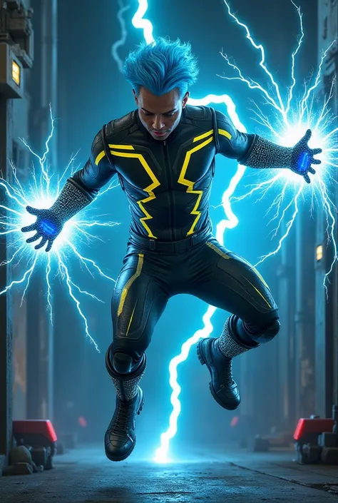 Volt, wearing a black suit with yellow rays, black gloves with electrical details, reinforced boots and electric blue hair, jumps and throws a blue electric beam at the machine's circuits.