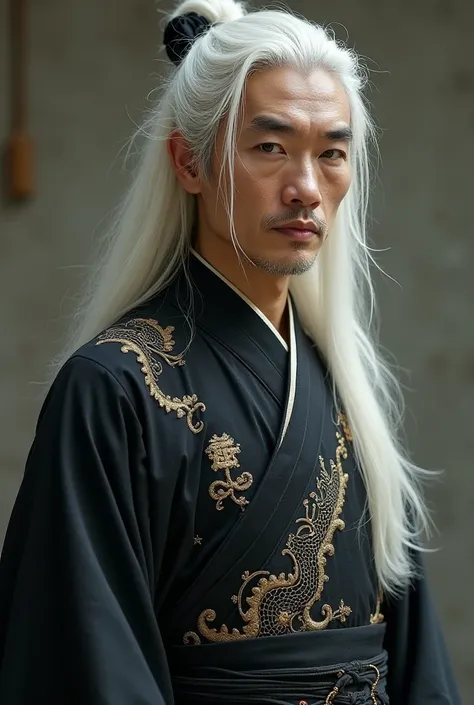 Wang Hui is a thin and tall man ,  with long white hair that falls down his back .  His eyes are deep and wise ,  and they seem to see beyond what is in front of him . . He wears a traditional Chinese black silk costume ,  with symbols and drawings that re...