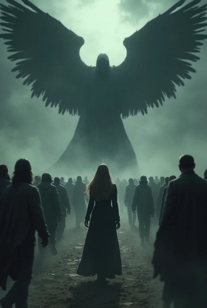 A crowd running to one side while a woman faces the other side, standing in front of the angel of death 