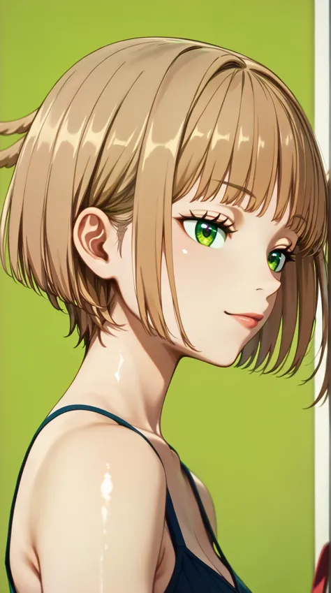 (UHD, retina, masterpiece, accurate, anatomically correct, super detail, high details,  highres, 1080P, 16k、high detail RAW color art:1.3)、(Kirie Konami ai:1.3)、(short hair、light brown hair、bangs、green　Eye :1.5)、(Shiny skin:1.3)