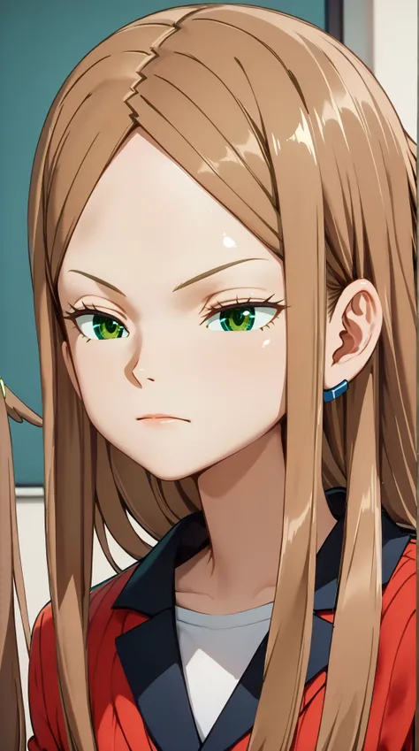 (UHD, retina, masterpiece, accurate, anatomically correct, super detail, high details,  highres, 1080P, 16k、high detail RAW color art:1.3)、(Kirie Konami ai:1.3)、(brown hair,long hair,forehead、green eyes:1.5)、(Shiny skin:1.3)