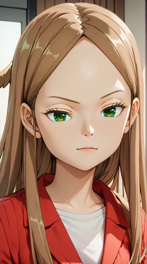 (UHD, retina, masterpiece, accurate, anatomically correct, super detail, high details,  highres, 1080P, 16k、high detail RAW color art:1.3)、(Kirie Konami ai:1.3)、(brown hair,long hair,forehead、green eyes:1.5)、(Shiny skin:1.3)