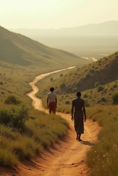 A cinematic scene of two African individuals walking on separate paths in an expansive landscape, one walking at a slow, meditative pace while the other moves quickly, both walking toward the horizon. The terrain changes subtly between them—one path throug...