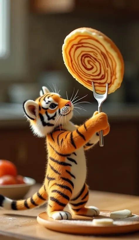 "A mini tiger, standing on its hind legs, dramatically flipping a pancake in the air with a tiny spatula, revealing perfectly formed tiger stripes on the underside. The golden and chocolate swirls are crisp and well-defined as the pancake catches the light...