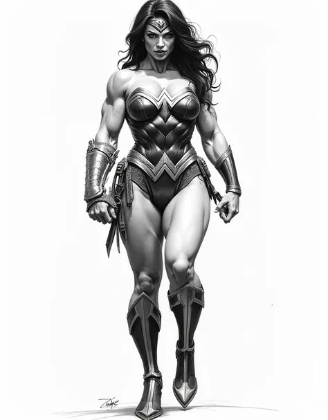 NSFW wonder woman thick very muscular big boobs big biceps showing armpits  black and white inked artwork