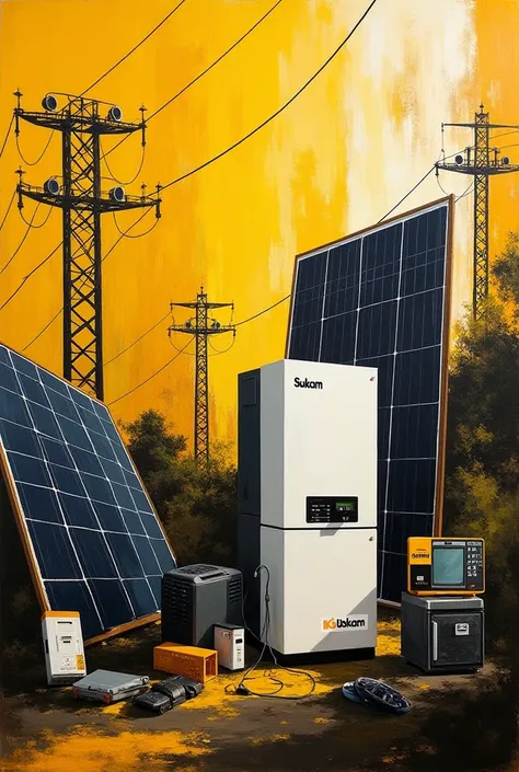 painting in yellow, black, and white featuring images of electronic devices such as a Sukam Indian inverter, solar energy equipment like solar panels, hybrid devices, and some home appliances