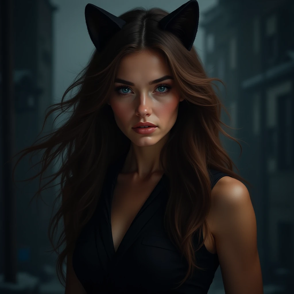 woman 30 years old ! Catwoman long brown hair and blue eyes 