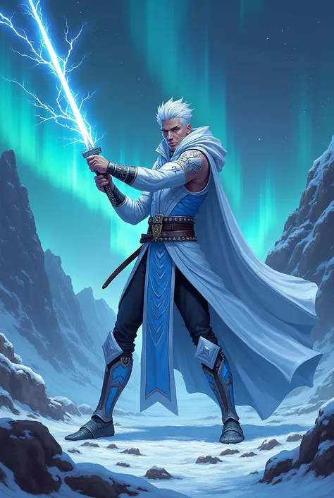 Make an anime-style Nordic man with short white hair in a white-and-blue leather outfit with lightning details and an electric blue katana 