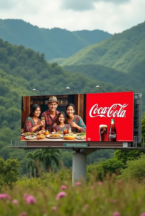  A billboard in Guatemala of a family with a mom, dad,  teenage son and daughter eating and drinking Coca-Cola , The advertisement is for Coca-Cola  