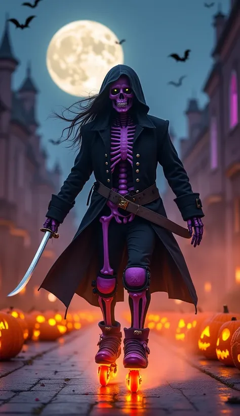 skeleton in black and purple pirate clothes,  sword in the hand ,  using inline skates with glowing luminous wheels, gloves and knee pads , Full Moon Church, pumpkins, realistic bats,  moving at speed in the city at night,  Orange smoke