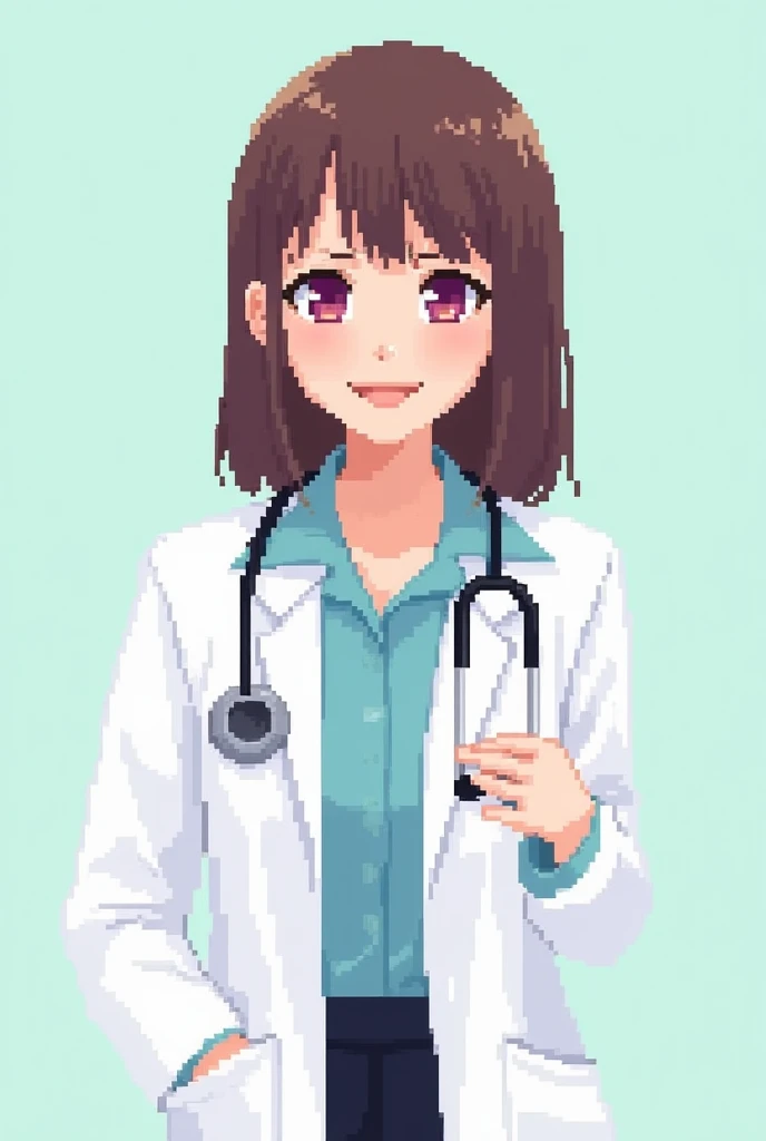 Pixel art style image of a female doctor with straight brown hair and a template with a smile and a stethoscope on her shoulders