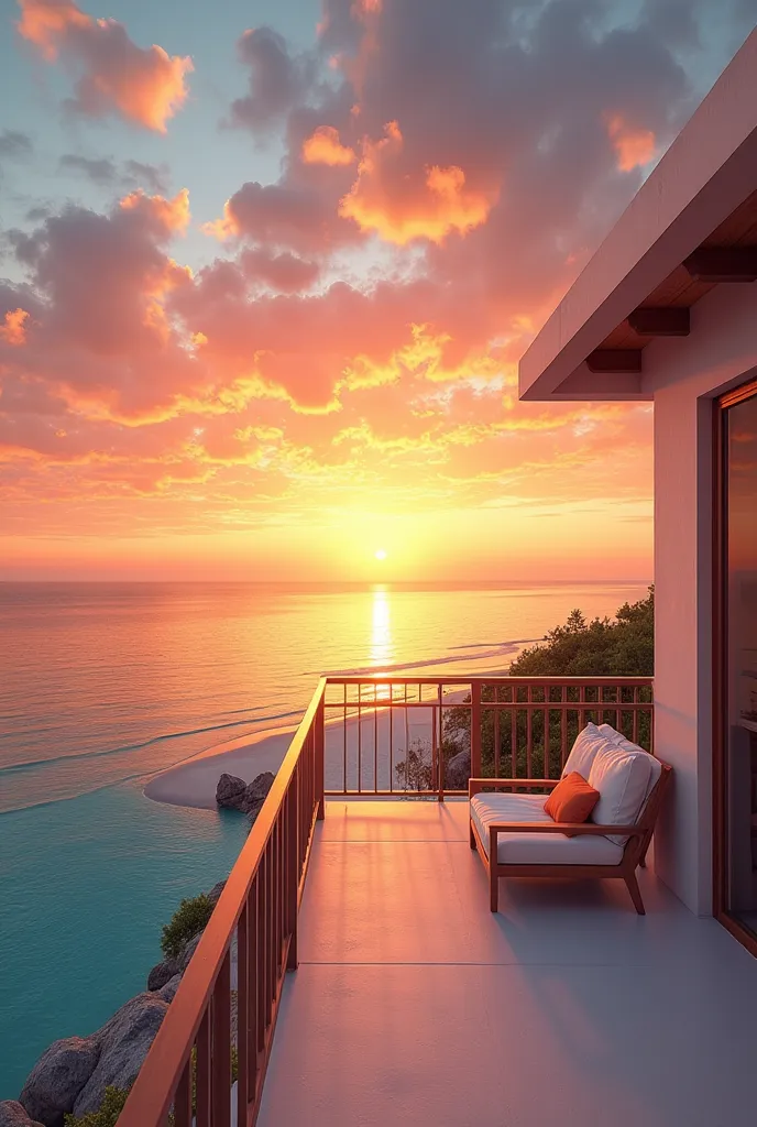 Make an image of a sunset sky with a super nice crystal clear beach and with a simple and elegant but beautiful balcony