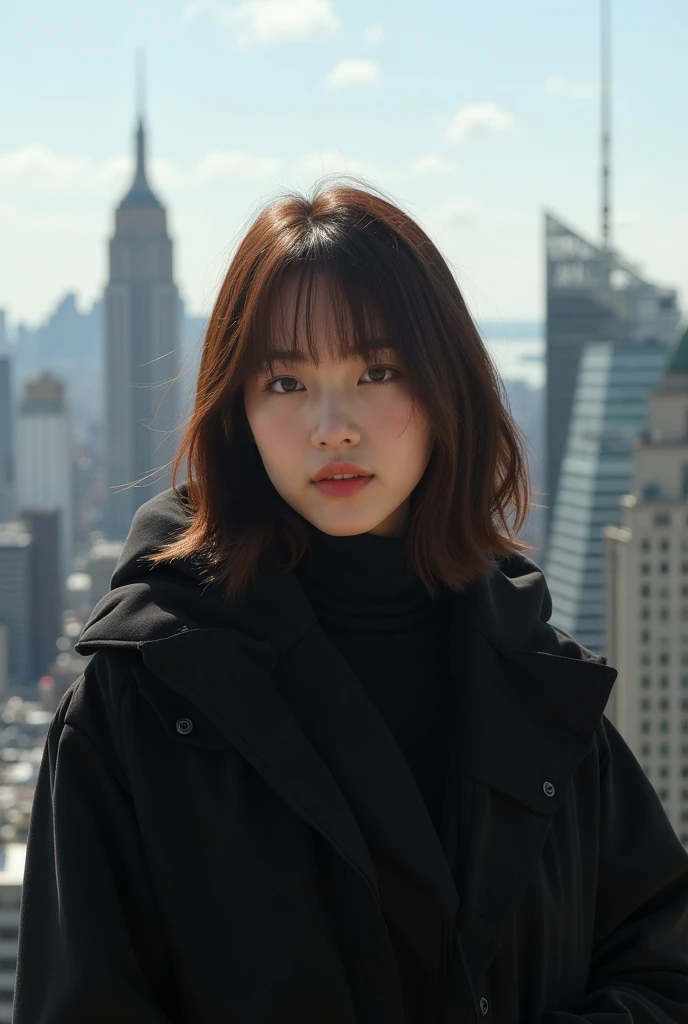 ((( Face straight, looking directly at the viewer ))), ((( Not smiling ))), ((( Well-lit face, perfect lighting balance ))), ((( Brown hair, medium-length, short straight bob, photographed by someone )))、((( In front of a panoramic view of New York City, p...