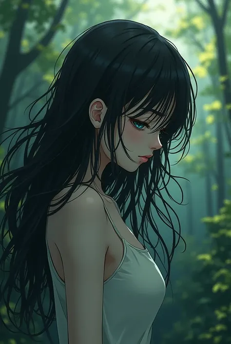 Ai anime girl with long hair, unruly hair,sadness, alone, forest 