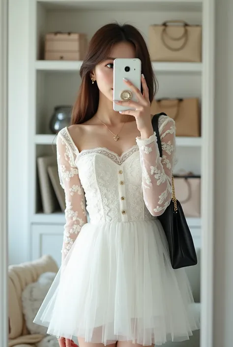 A25-year-old Japanese woman with a well-groomed face and large eyes that are characteristic and very beautiful

masterpiece best quality, photorealistic portrait of an adult female model taking a mirror selfie in a predominantly white interior. Most of her...