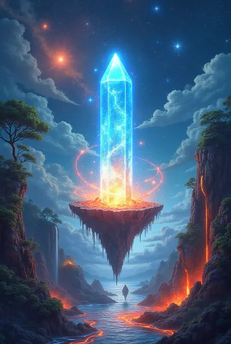 A majestic, glowing crystal floats at the center of the image, radiating ethereal light. Surrounding the crystal are four distinct elemental realms: a fiery volcanic landscape with lava rivers, a serene ocean with cascading waterfalls, a lush ancient fores...