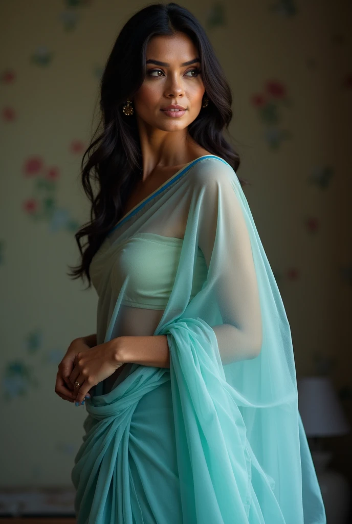 Full view, full body, middle-aged woman, light brown skin, long dark hair, wearing a light blue semi-transparent saree showcasing her navel, elegant pose, soft ambient lighting highlighting textures, serene and graceful expression, delicate details in the ...