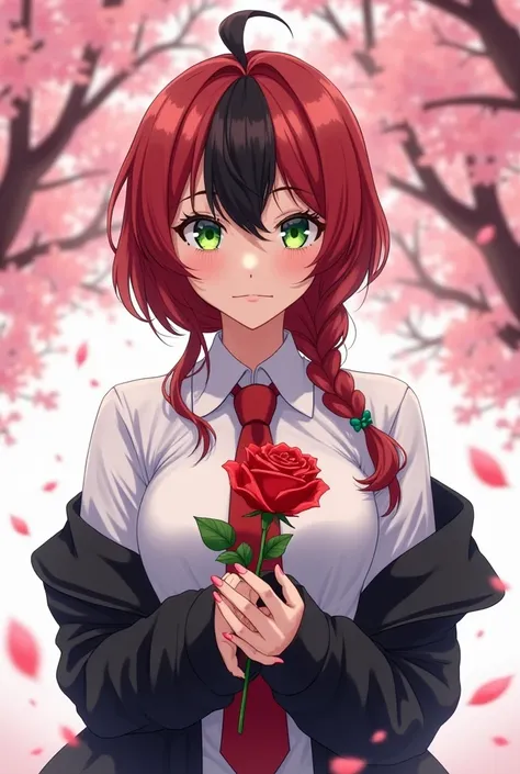 Anime redhead woman with black hair tuft in front wearing white school shirt, tie red tie, black outer shirt with green eyes, standing under cherry tree, holding green eyed rose.