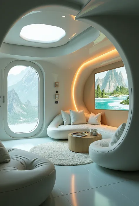 Recreate the first pictures of the living pod  it should show the following 
- A small, round or hexagonal structure with smooth, futuristic walls.
- Walls and floors with panels that can change shape.
- A central AI control system.
- VR projections of nat...