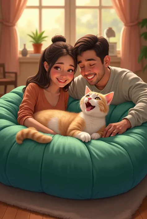 A cat surprising her love by bringing her a new bed for two people in royal green .. the cat is very excited and happyy and both of them happy 