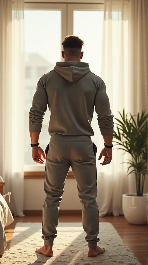 A muscular young man of 20 years of European appearance in a tight gray hoodie and gray sweatpants stands in a bright bedroom in the sunlight. stands with his back in the frame. 