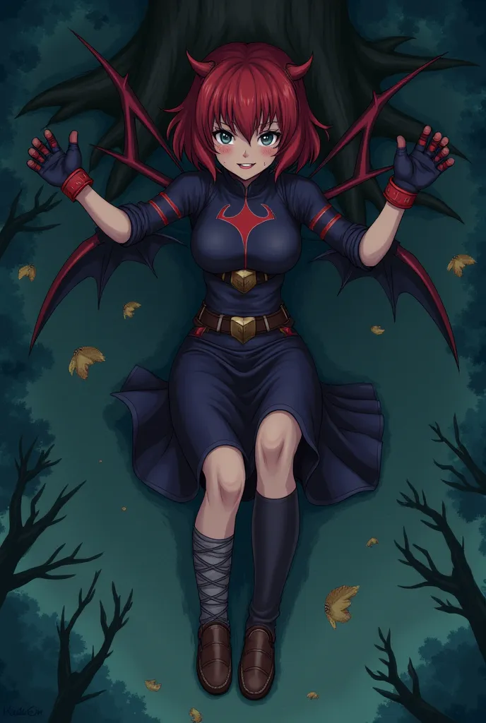 ((1girl, Nimona, short red hair, freckles, sidelocks,black eyes, smiling,  wings on upper back, 
NimSuit,ear piercing,armor,bandages,gloves ,dress,brown footwear, nighttime, outdoors, 
 (insanely detailed, beautiful detailed face, masterpiece, best quality...