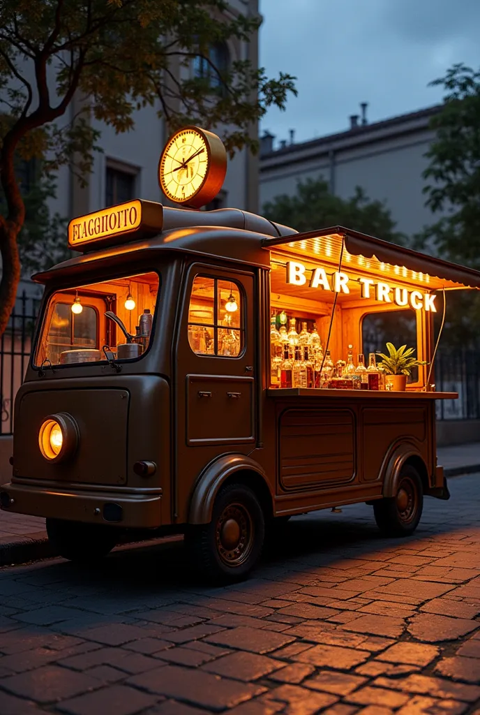 Make me a Bar Truck with the name “BAR TRUCK” considering that it must be of a traditional size with an aesthetic and economic design for PERU that has bulbs that generate lighting and tables outside where consumers can see each other, Also show me picture...